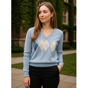 Tommy Hilfiger Argyle V Neck Sweater Womens M Pullover 100% Cotton Gilmore Girls